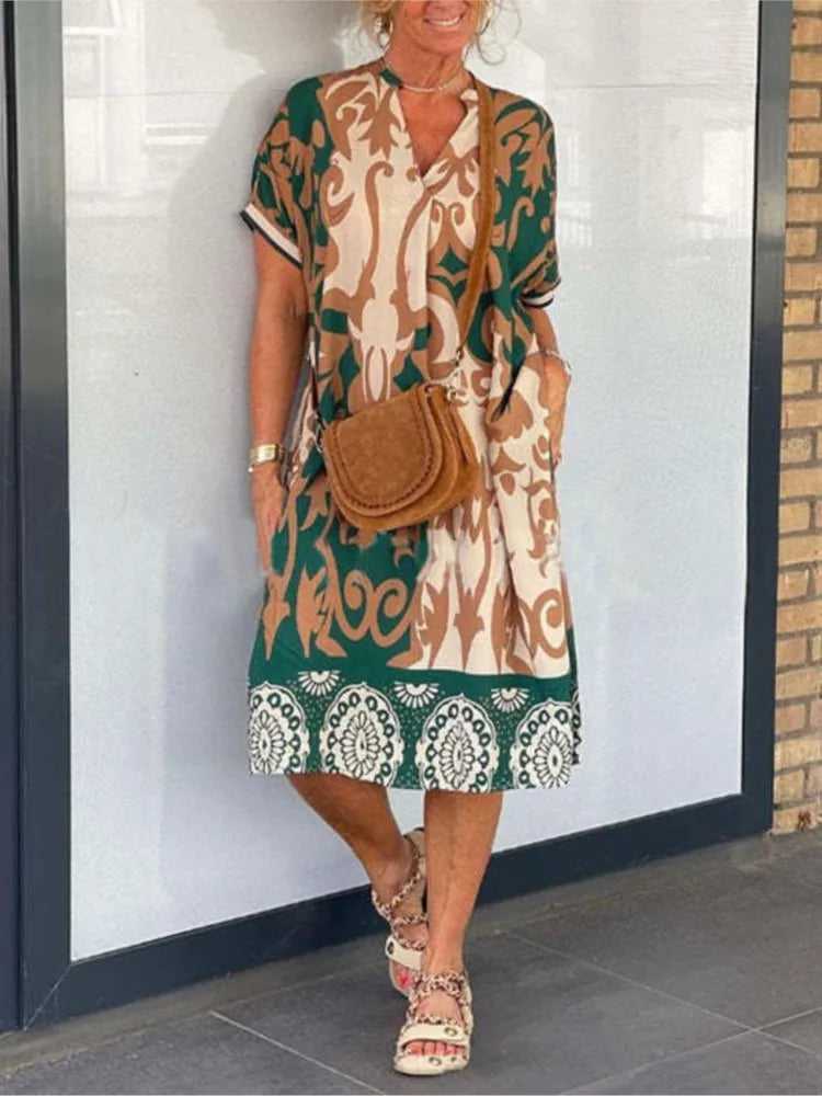 Elegant Floral Print V-Neck A-Line Dress