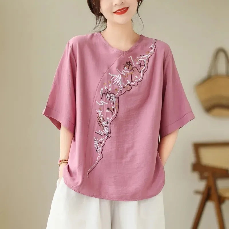Lotus Whisper Embroidered Tea Blouse
