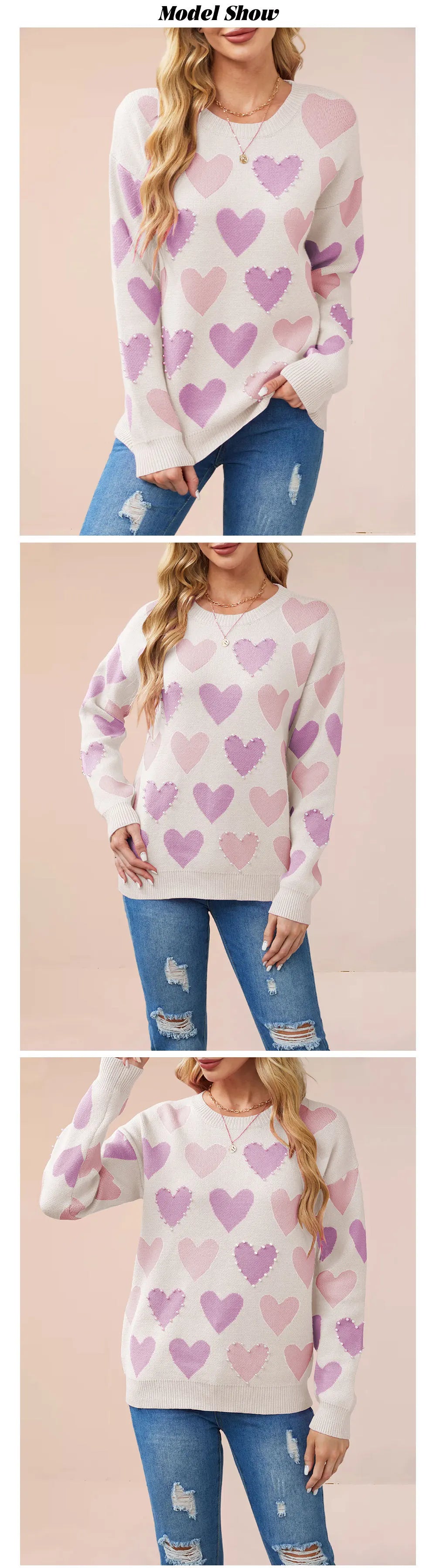 Pearl Heart Beaded Knit Pullover Sweater