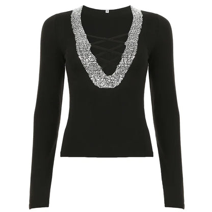 Glam Splice Sequin V-Neck Slim Top