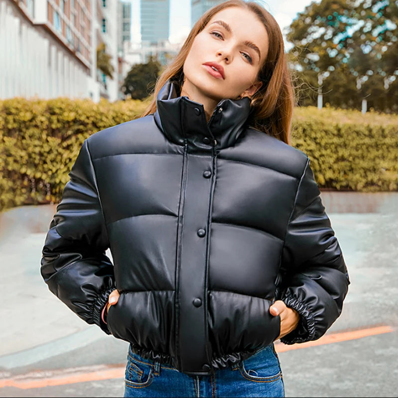 Luxe Frost Short PU Puffer Jacket