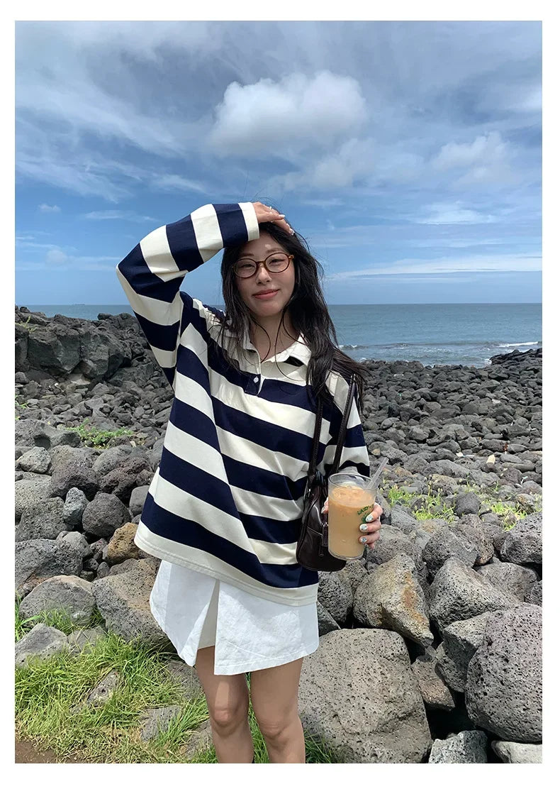 Loose Fit Striped Polo Sweatshirt