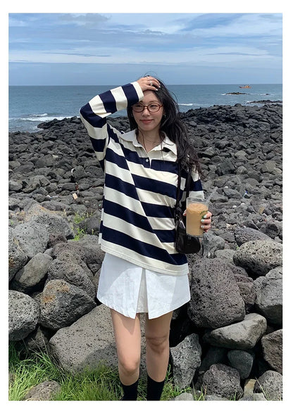 Loose Fit Striped Polo Sweatshirt