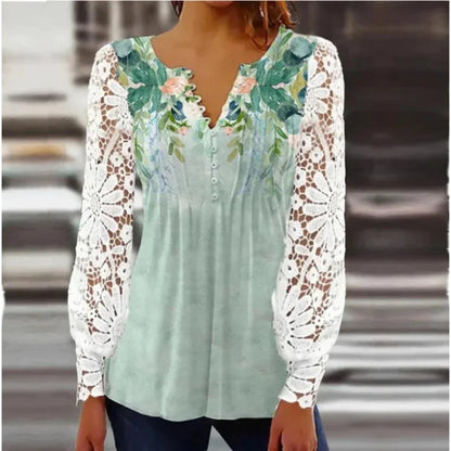 Sexy Lace V-Neck Pleated Blouse