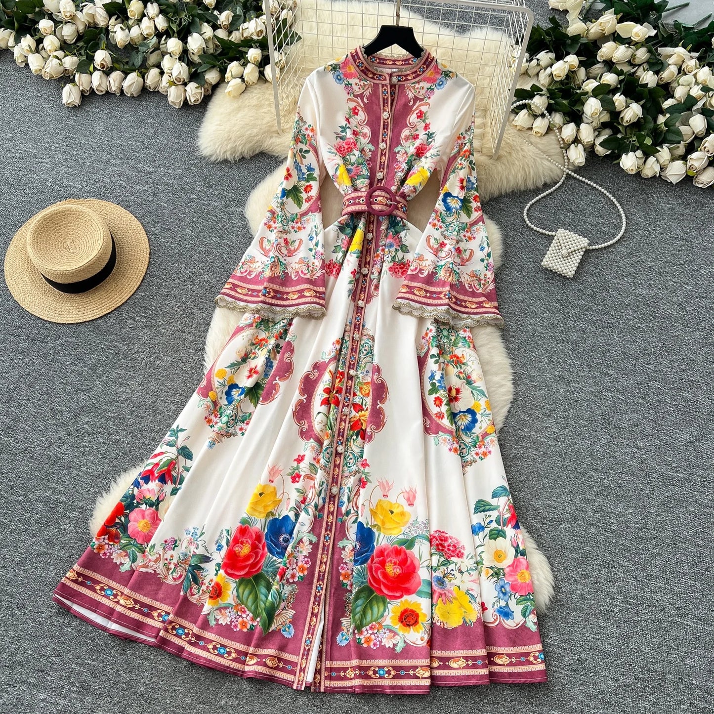Royal Bloom Cinched Waist Maxi Dress
