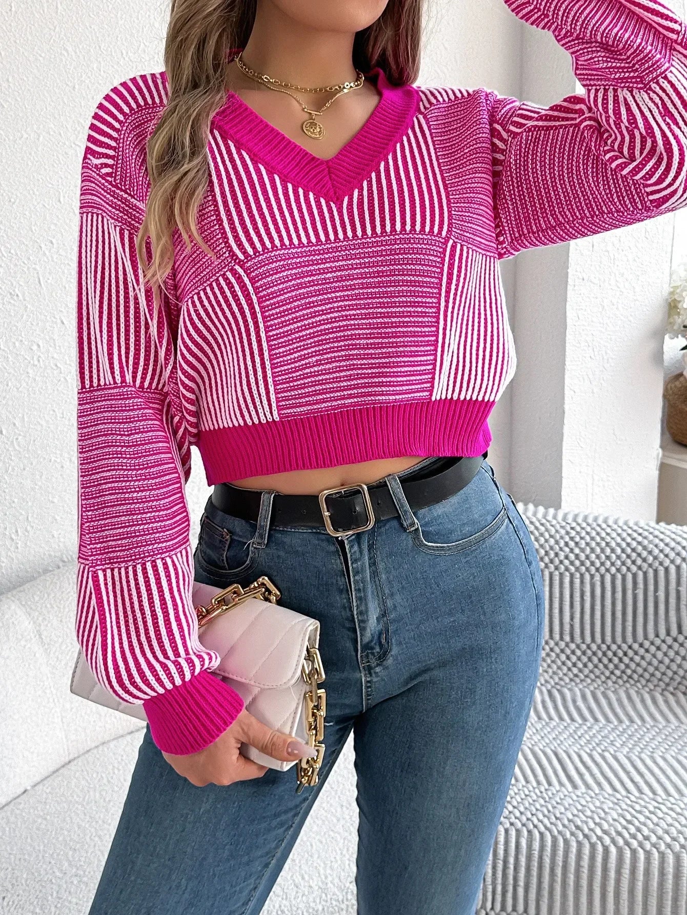 Striped Charm V-Neck Crop Sweater