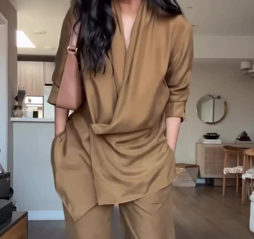 Casual Pleated Blouse Pants Set