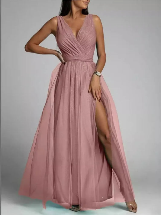 Elegant Mesh V-Neck Slit Dress