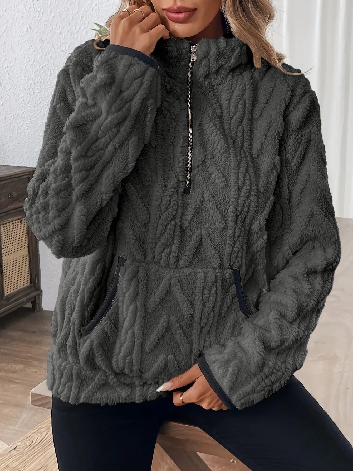 Wool Blend Patchwork Zip Hoodie
