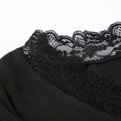Lace Edge Slim V-Neck Long Sleeve Tee