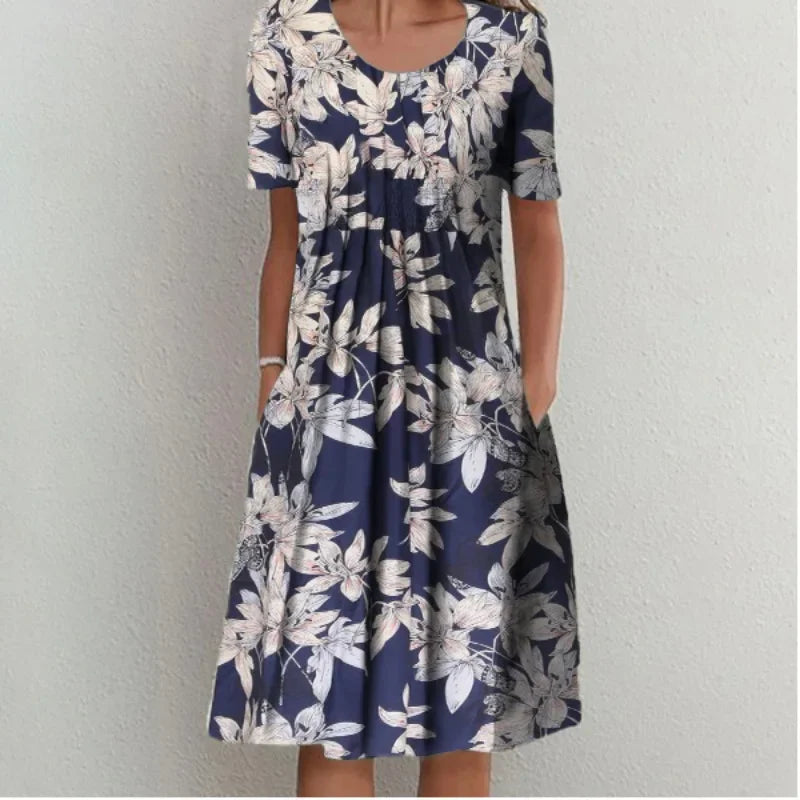Floral A-line Round Neck Home Dress