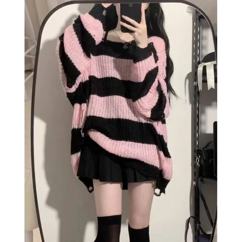 Black & Pink Striped Knitted Sweater