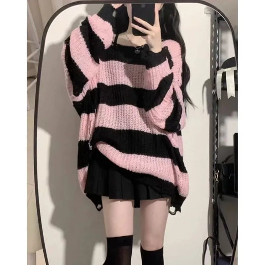 Black & Pink Striped Knitted Sweater