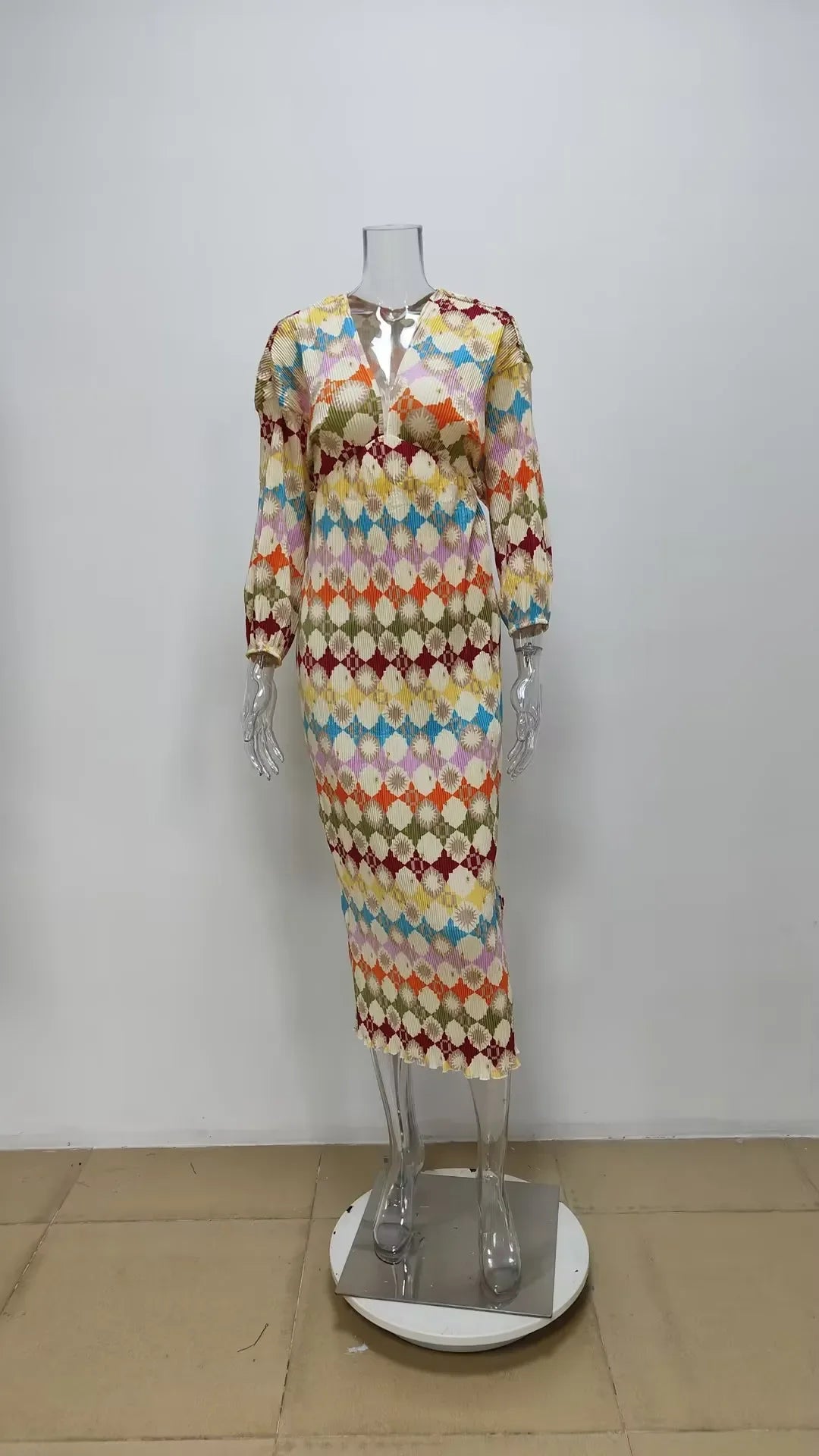 Geo Muse V-Neck Pleated Dress