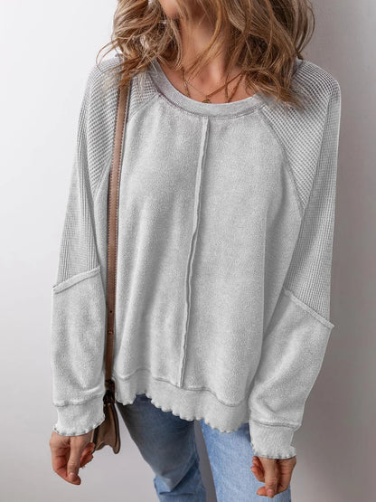 Patchwork Charm Waffle Knit Pullover