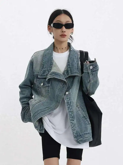 Denim Charm Patchwork Turtleneck Coat