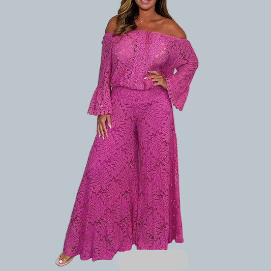 Off-the-Shoulder Bell Sleeve Top & Lace Wide-Leg Pants Set