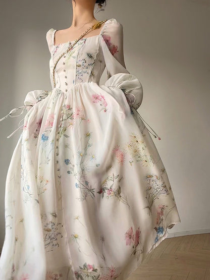 Vintage Square Neck Floral Dress