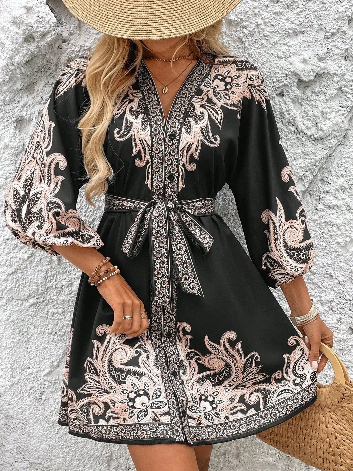 Golden Breeze V-Neck Tie Dress