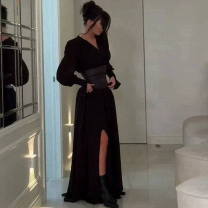 Elegant Waist-Cinch V-Neck Maxi Dress