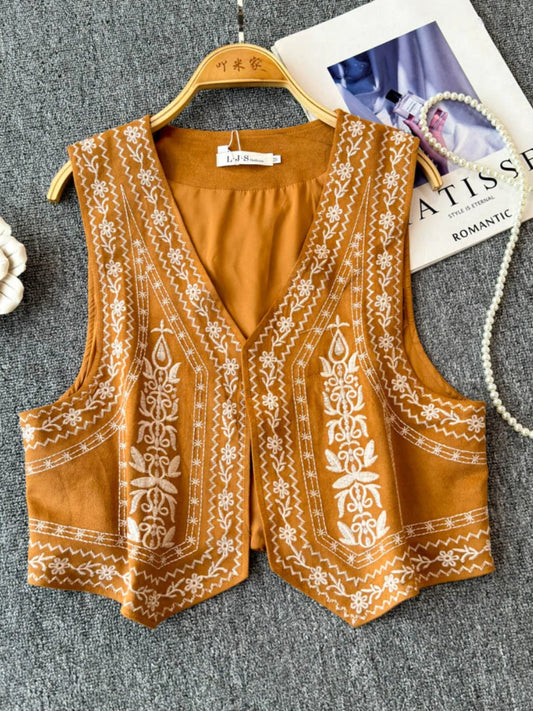 Retro Khaki Embroidered Travel Vest