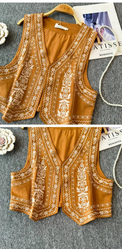 Retro Khaki Embroidered Travel Vest