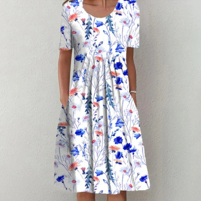 Floral A-line Round Neck Home Dress