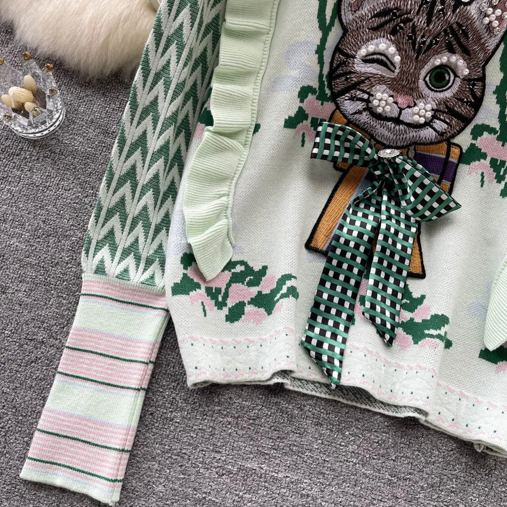 Whimsical Charm Cat Embroidered Sweater