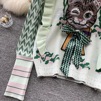 Whimsical Charm Cat Embroidered Sweater
