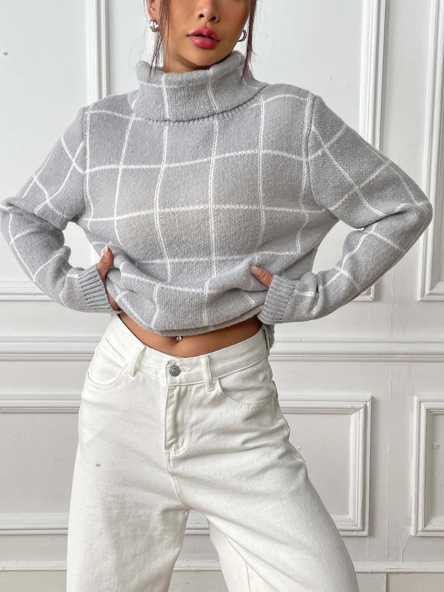 Plaid Muse Turtleneck Knit Sweater