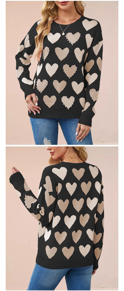 Pearl Heart Beaded Knit Pullover Sweater