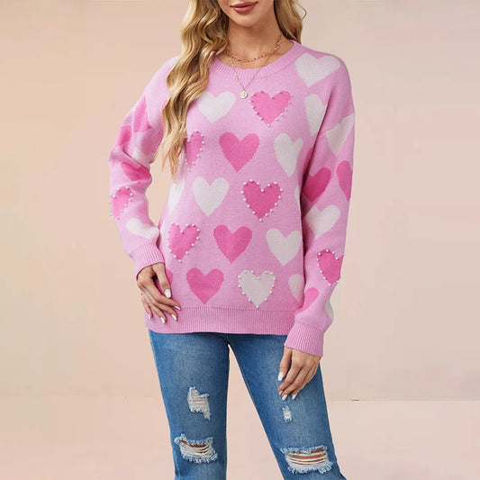 Pearl Heart Beaded Knit Pullover Sweater