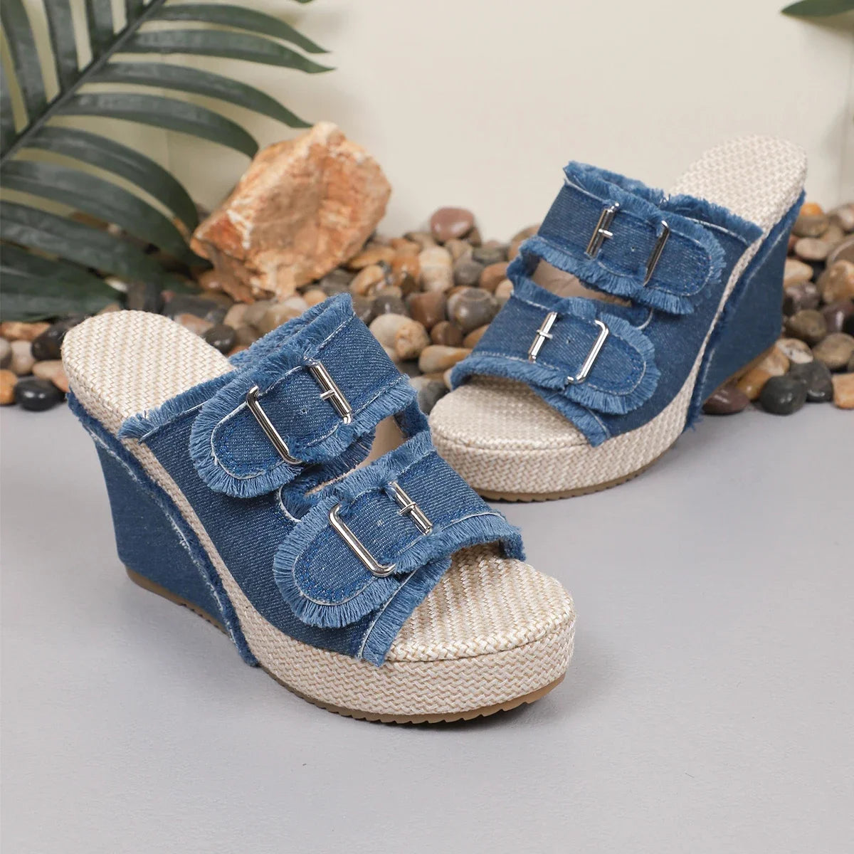 Denim Wedge Platform Buckle Sandals