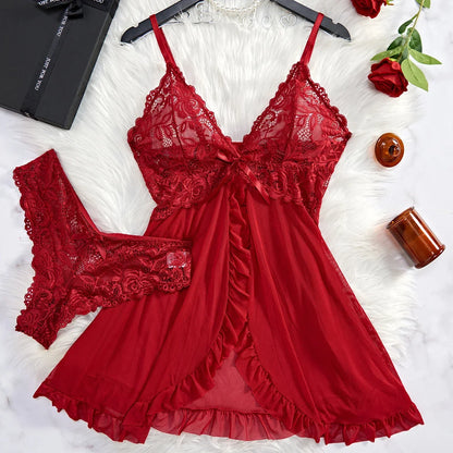 Lace V-Neck Tulle Lingerie Set