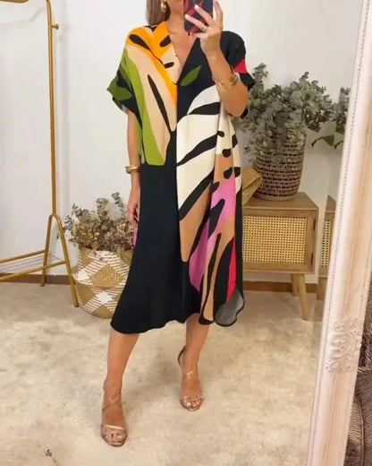 Printed V Neck Loose Summer Dress