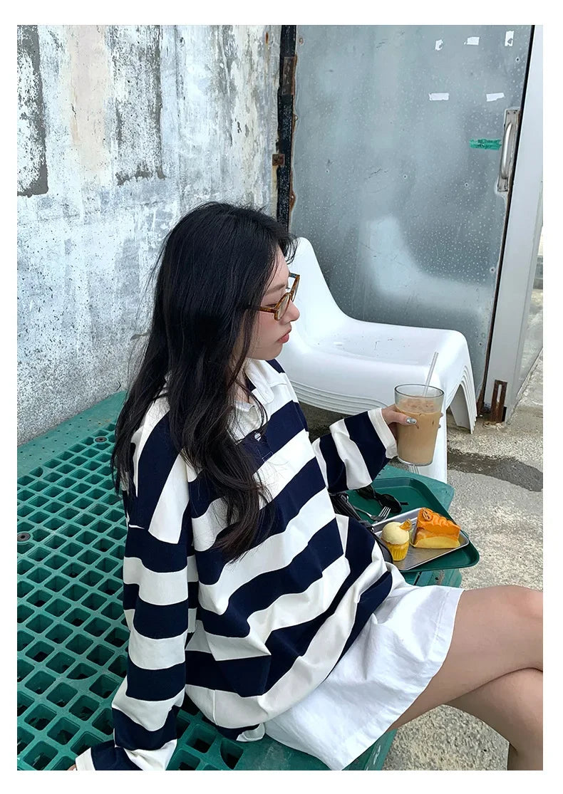 Loose Fit Striped Polo Sweatshirt