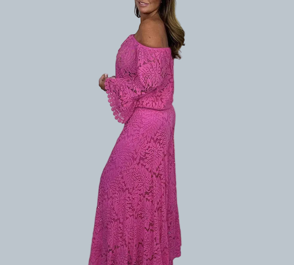 Off-the-Shoulder Bell Sleeve Top & Lace Wide-Leg Pants Set