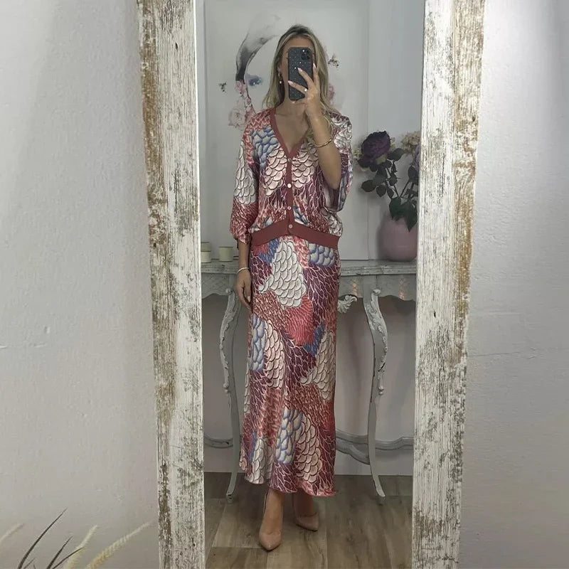 Sophisticated Printed V-Neck Skirt Set