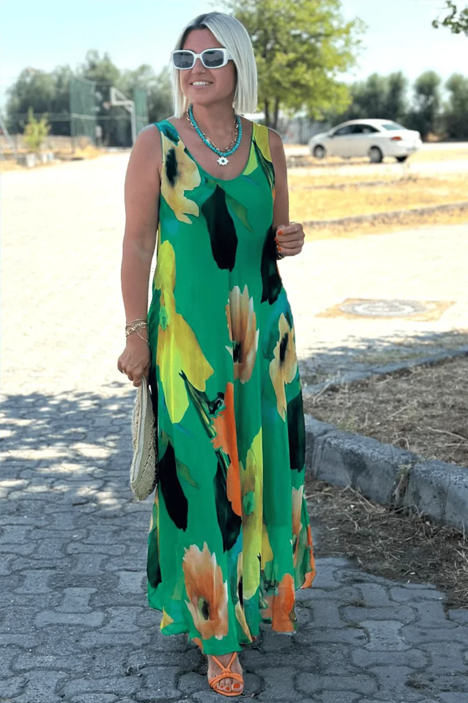 Silken Bloom U-Neck Maxi Dress