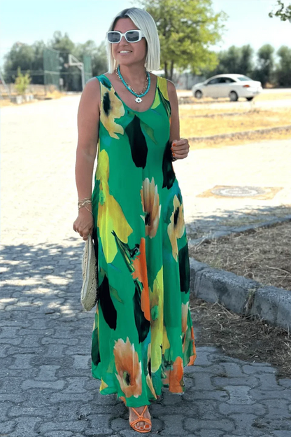Silken Bloom U-Neck Maxi Dress