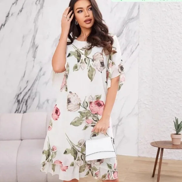 Elegant Printed Chiffon Round Dress