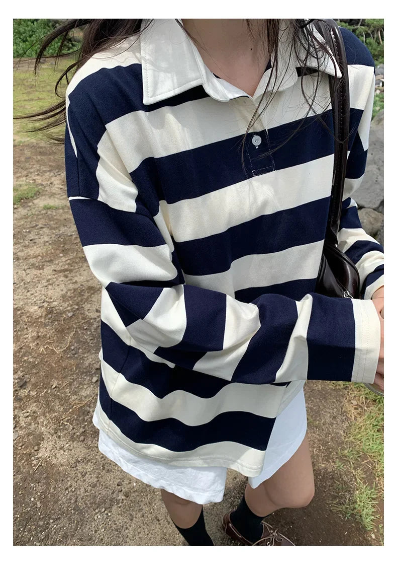 Loose Fit Striped Polo Sweatshirt