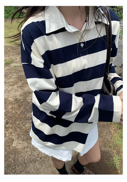 Loose Fit Striped Polo Sweatshirt