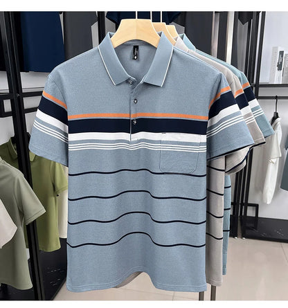 Luxury Color-Block Striped Polo Shirt