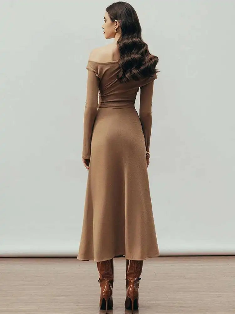 Crimson Drape One-Shoulder Knit Dress