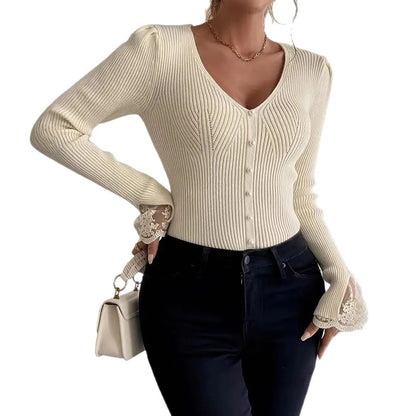 Lace V-Neck Knitted Top — Elegant Slim Winter Sweater