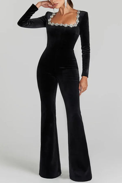 Black Velour Flare Jumpsuit