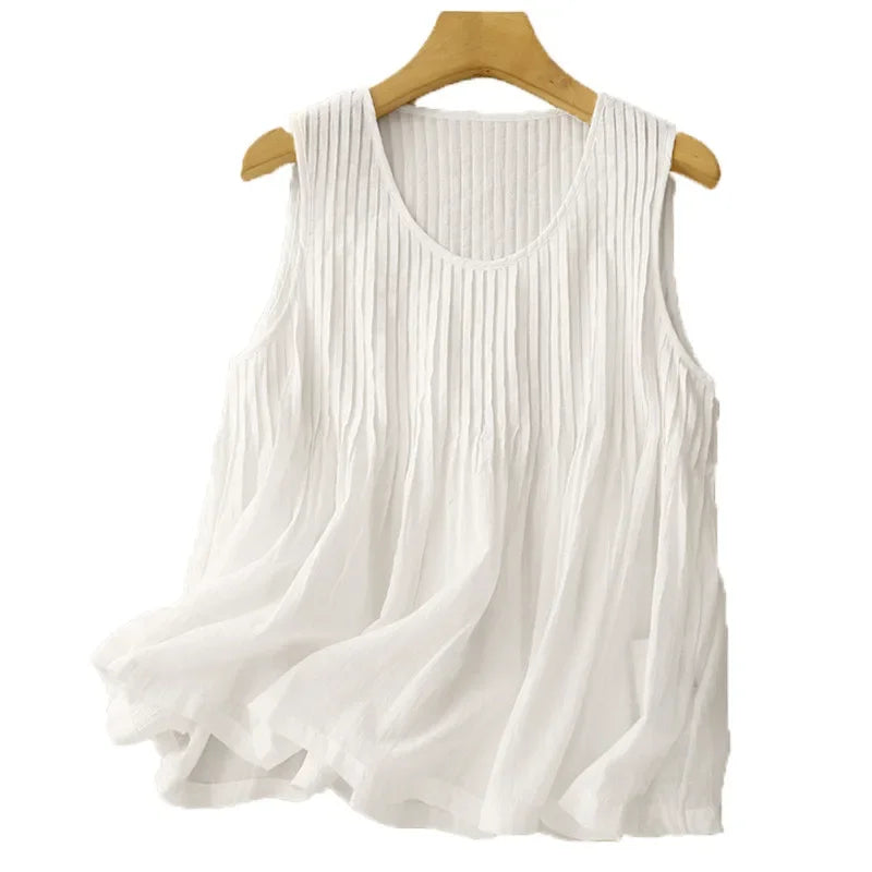 Pleated Cotton Linen Vest Top