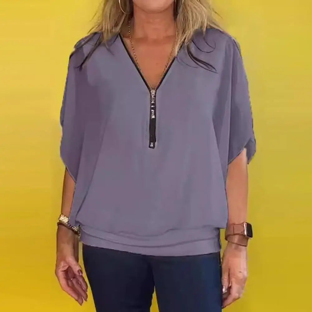 Chiffon V-Neck Batwing Blouse