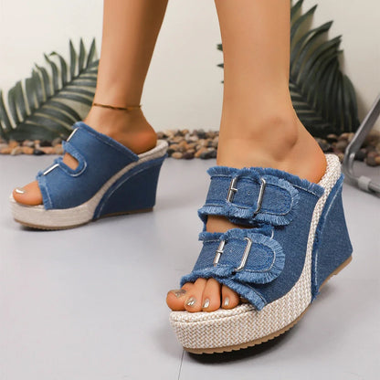 Denim Wedge Platform Buckle Sandals